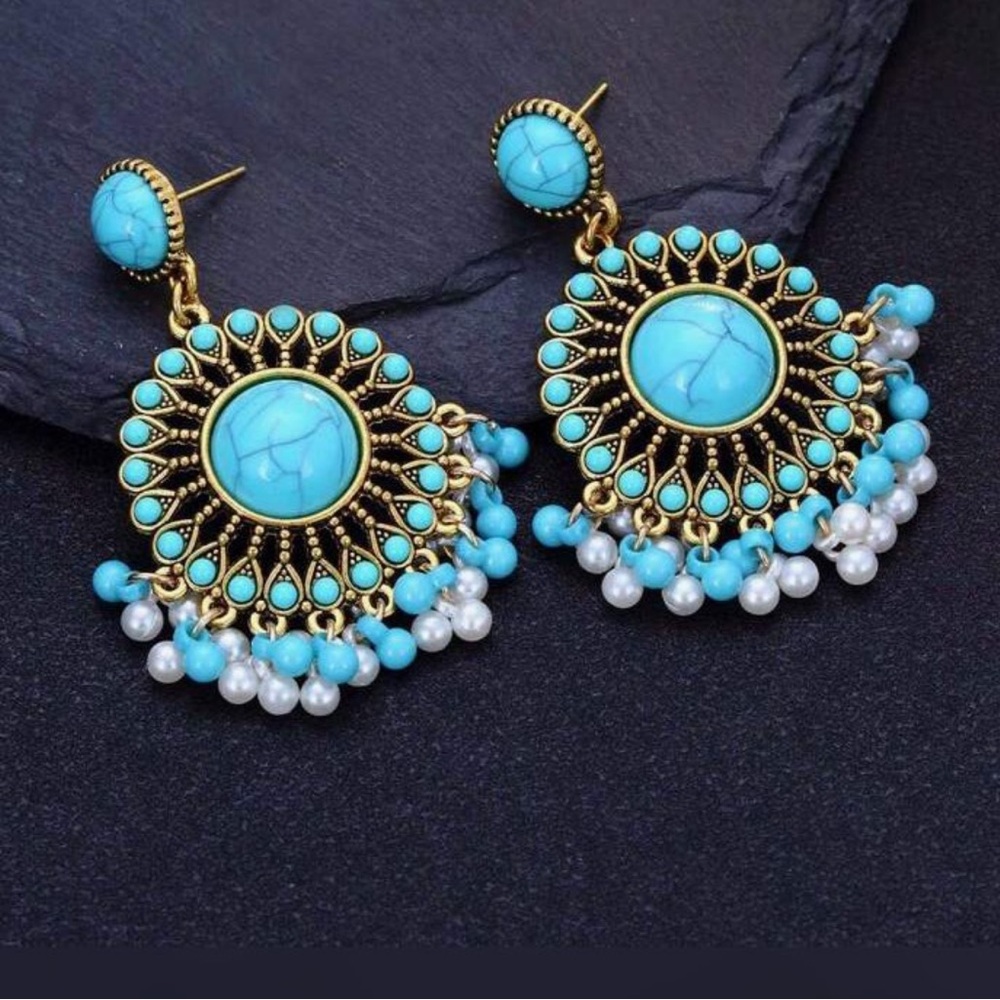 Southwestern Round Gold & Turquoise, Simulated, Boho Beaded Tassel Earrings